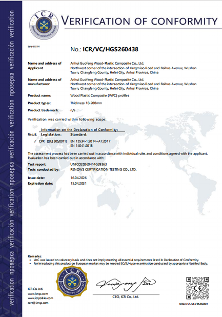 China AnHui Guofeng Wood-Plastic Composite Co., Ltd Certificações