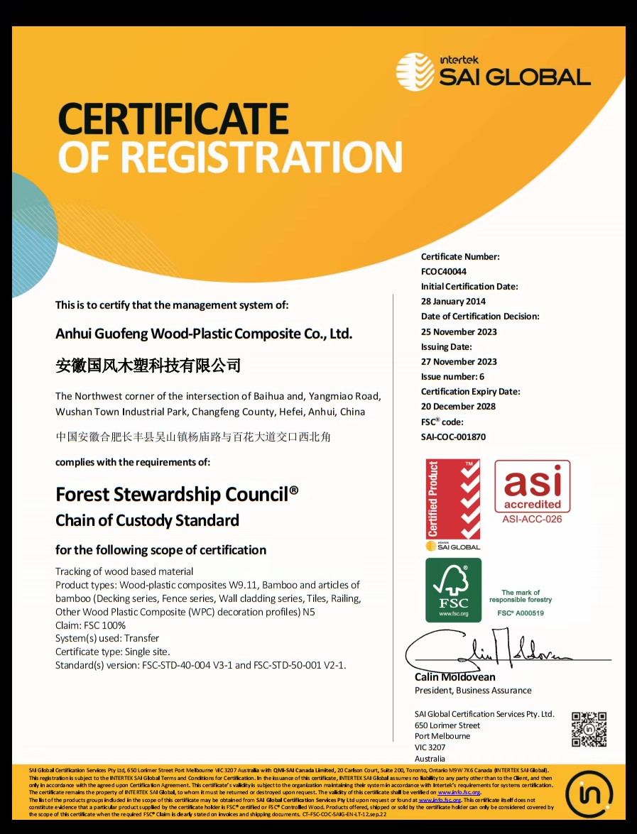 China AnHui Guofeng Wood-Plastic Composite Co., Ltd Certificações